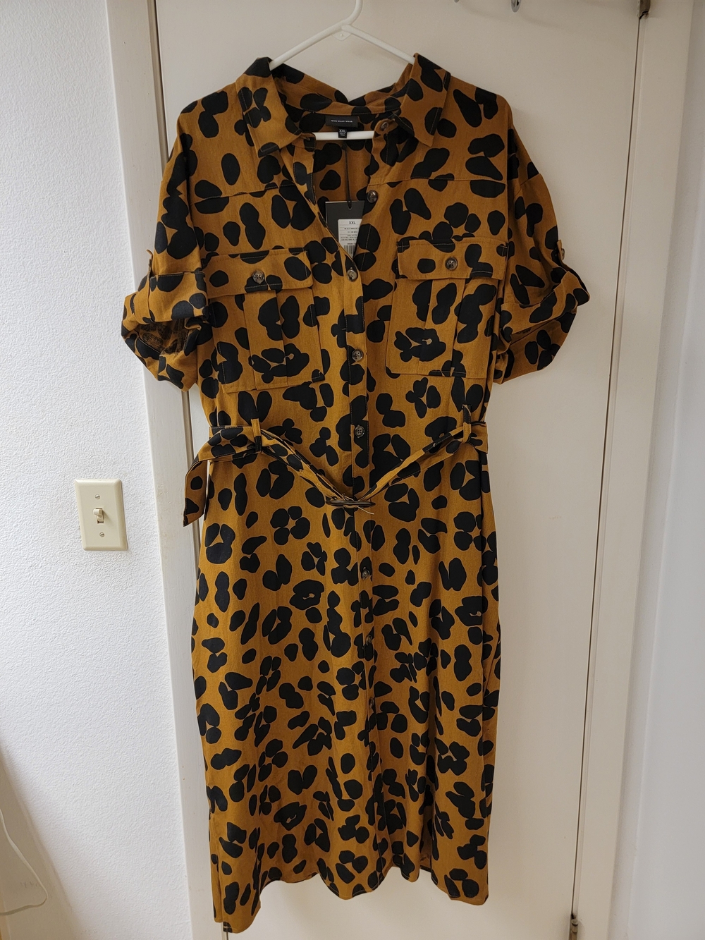 Who What Wear Mustard and Black Leopard Midi Safari Utility Shirt Dress - Picture 3 of 11